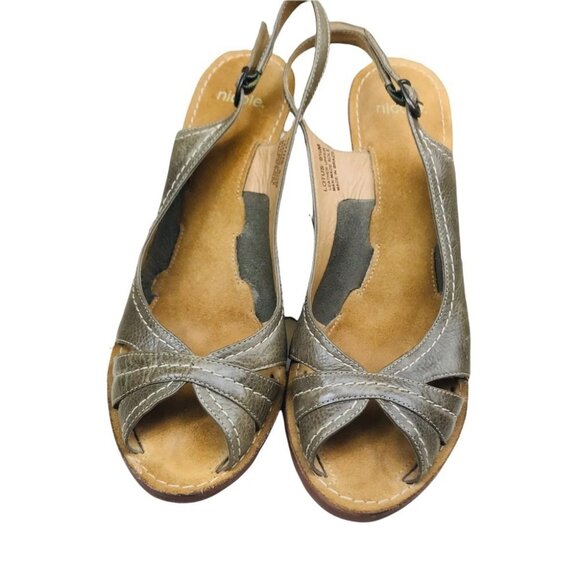 Nicole Lotus Peep Toe Leather Olive wedge Sandals Women size 9.5 - Picture 4 of 15